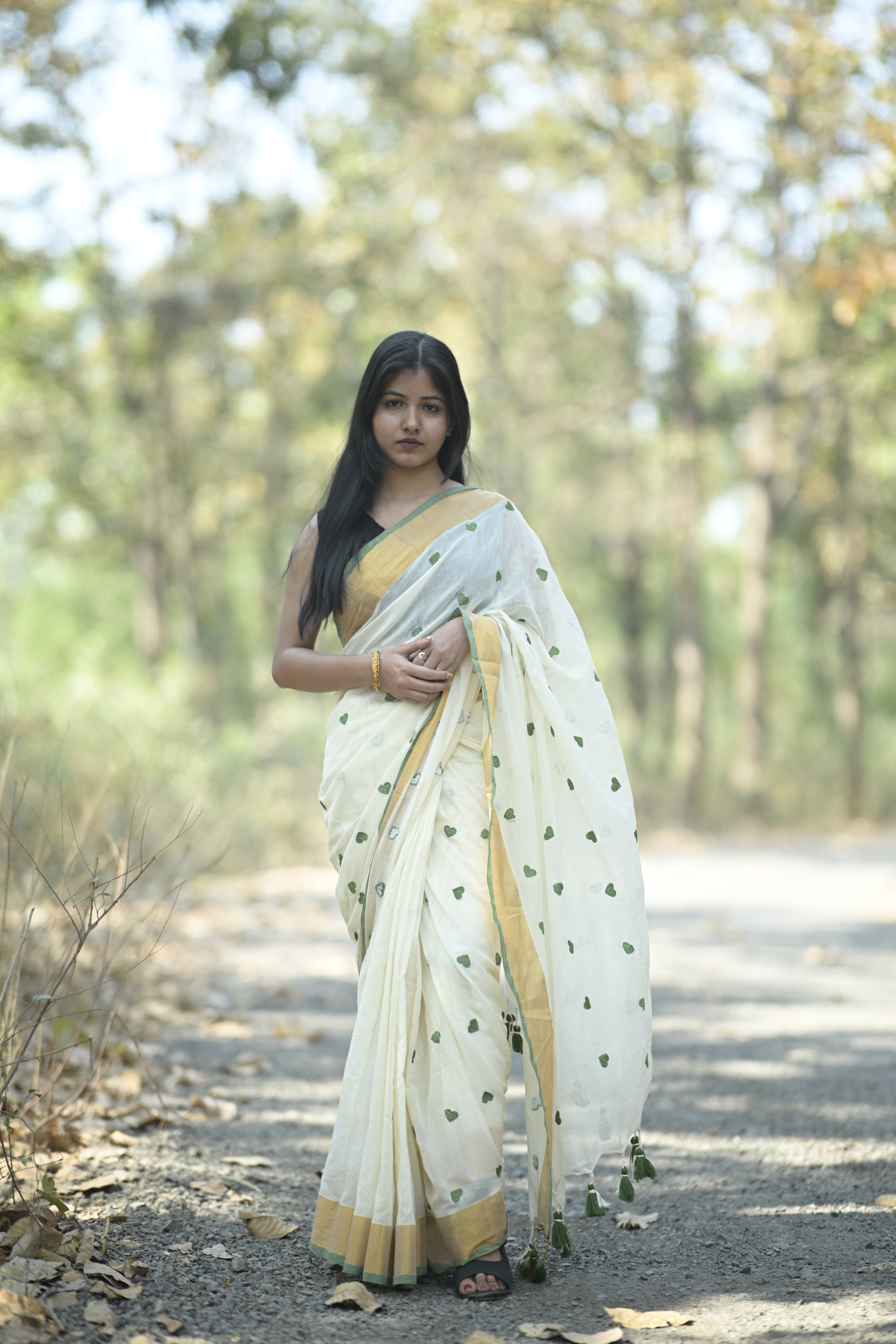 White & Green Embroidery Mulmul Cotton Saree for Women | Soft & Lightweight Ethnic Wear