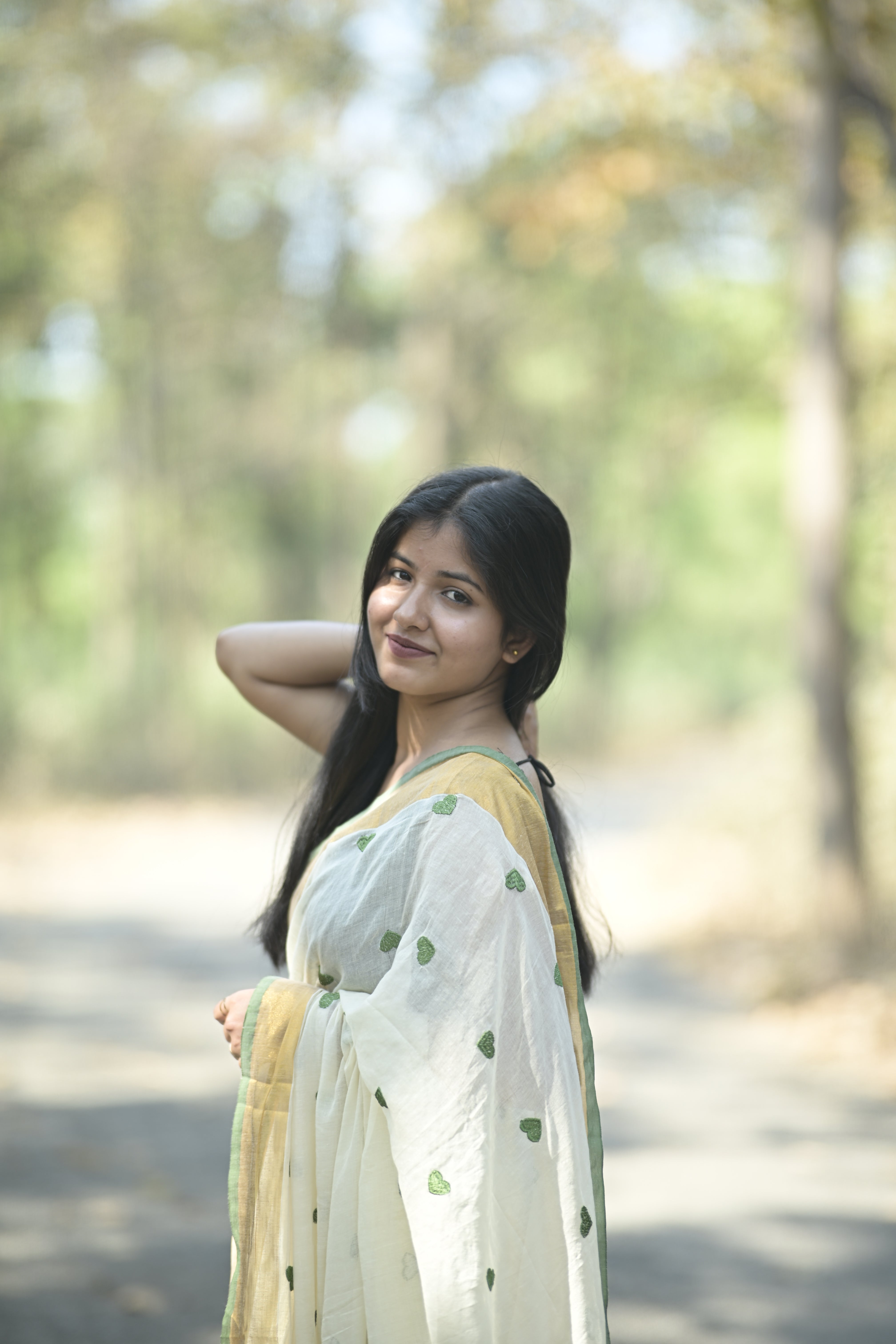White & Green Embroidery Mulmul Cotton Saree for Women | Soft & Lightweight Ethnic Wear