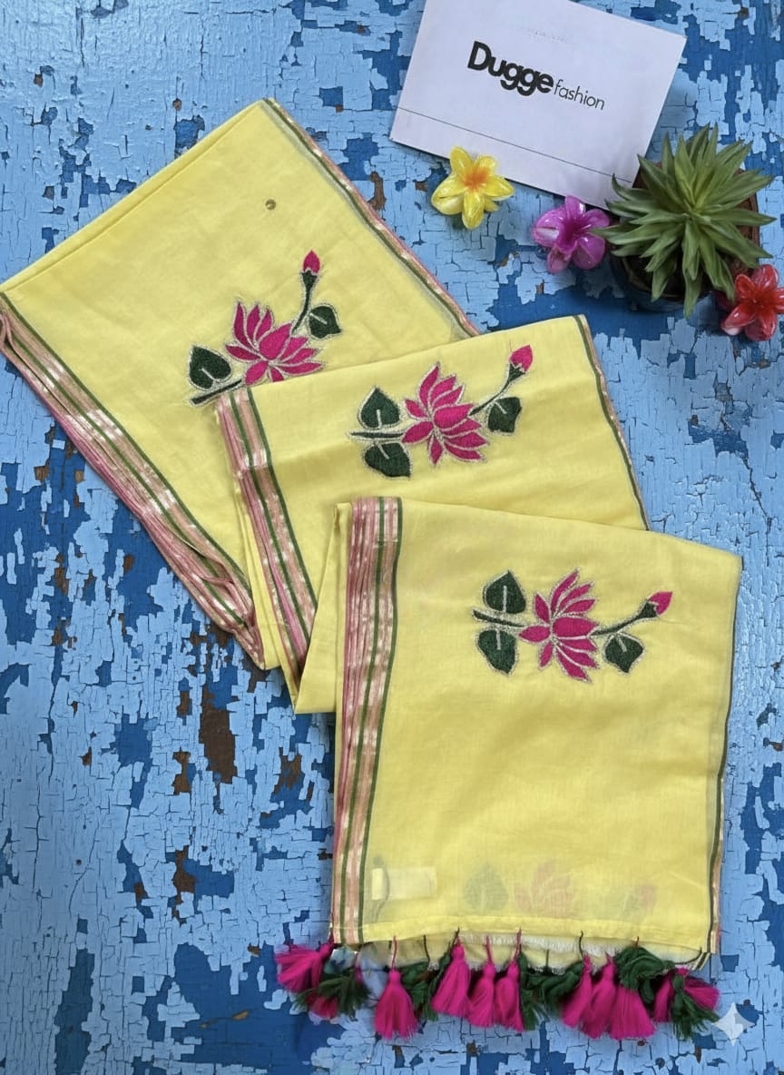 Yellow Soft White Mulmul Saree | Floral Hand-Embroidery | Lightweight Summer Wear