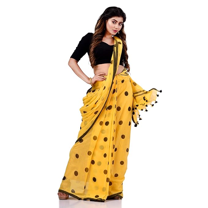 Block Printed Cotton Saree – Traditional Black Dot Motifs dexcption styles