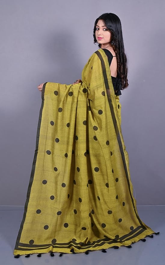 Block Printed Cotton Saree – Traditional Black Dot Motifs